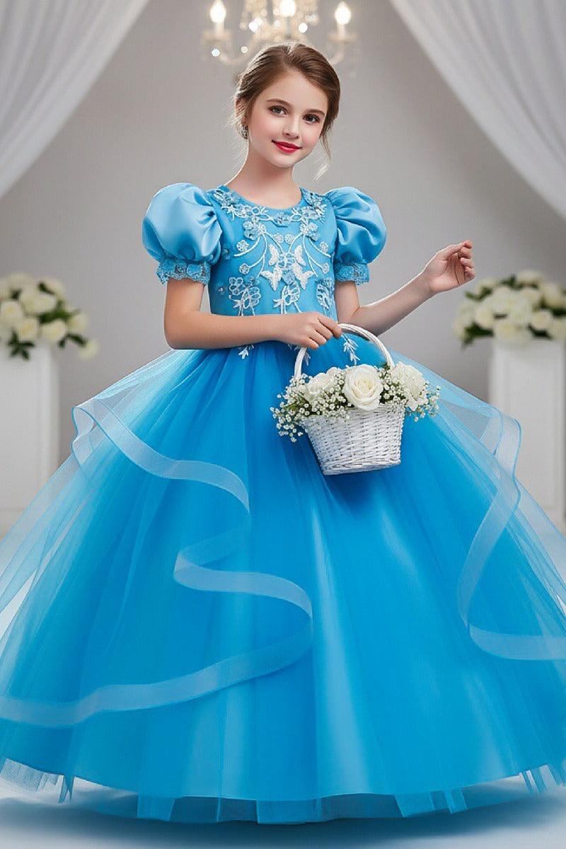 A-Line Round Neck Puff Short Sleeve Ruffled Tulle Floor-Length Flower Girl Dresses 1048500986721 - 7 Days / Blue / 110cm - COCOMELODY